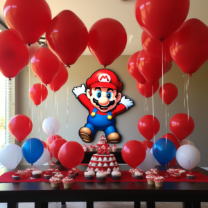 Party decorations for a Super Mario themed birthday party for kids. 