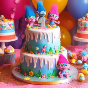 Trolls themed birthday party cake. 