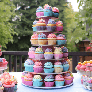 colorful Trolls themed cupcake tower for a kids birthday party. 