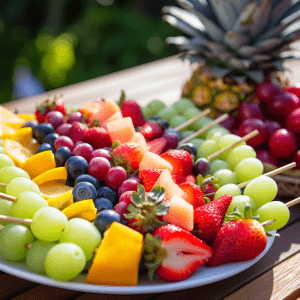 Rainbow colored fruit skewers for a Trolls birthday party. 