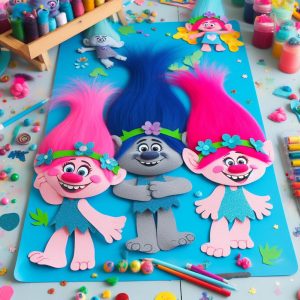Trolls inspired arts and craft ideas for a birthday party. 