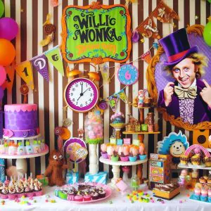 Willie wonka themed birthday party table setting. 