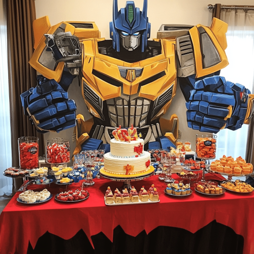 Transformers themed birthday party decorations and desserts. 